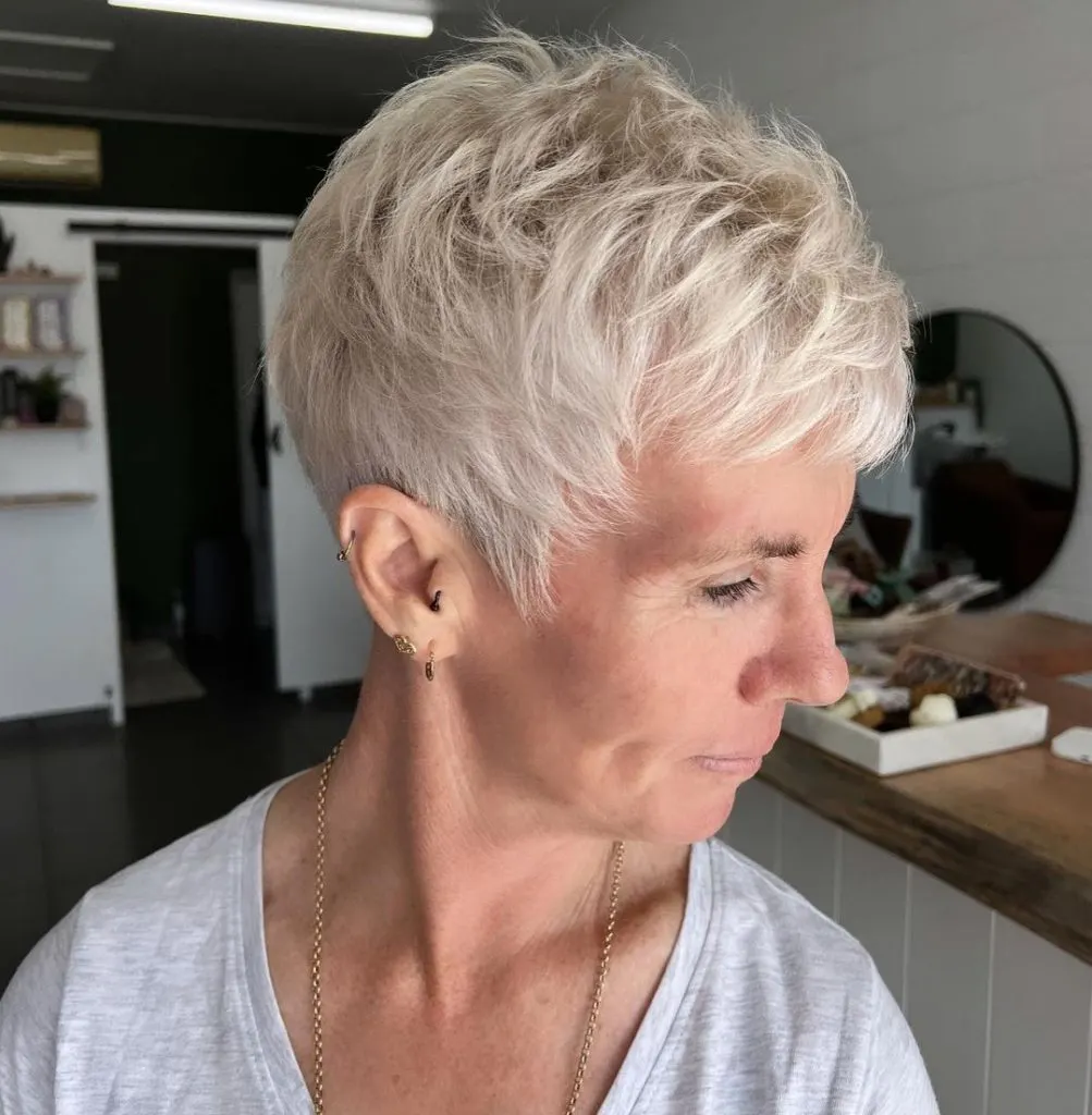 bright blonde pixie cut for frizzy hair