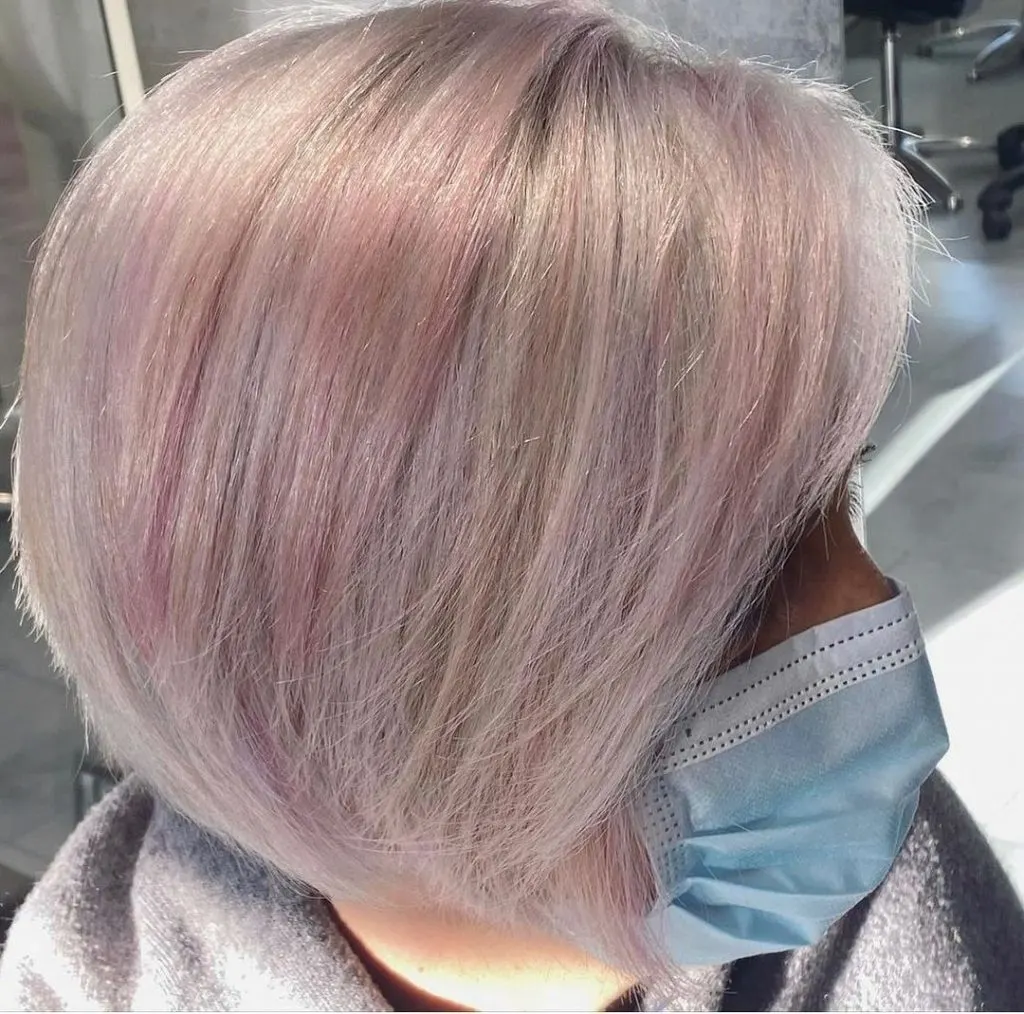 gray bob with pastel highlights for women over 70 with fine hair