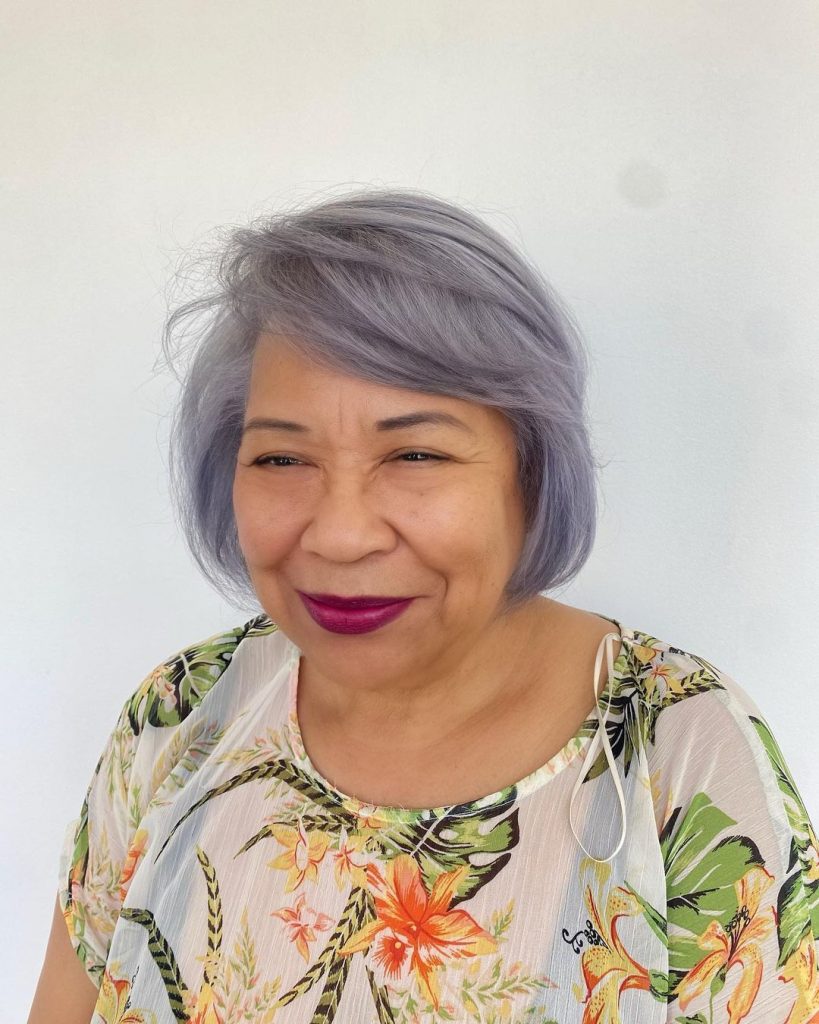 gray mini bob with bangs for women over 70 with fine hair