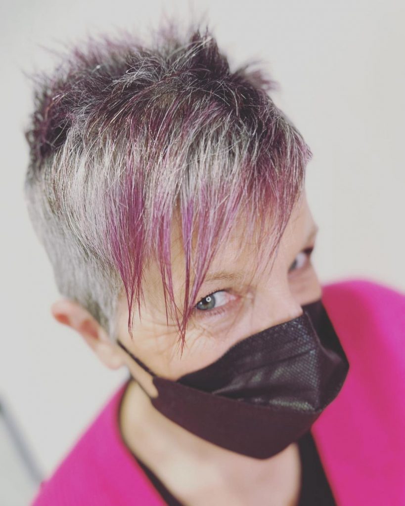 gray pixie with purple bangs for women over 70 with fine hair