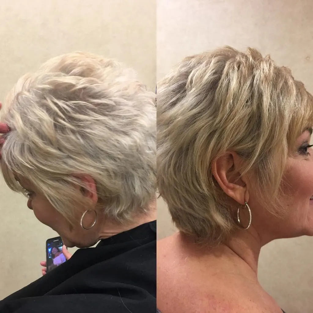 razor cut curly short hairstyle for women over 60
