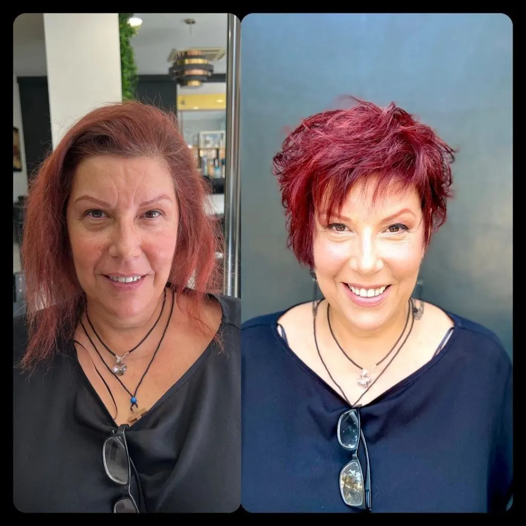 red shaggy short haircut for women over 50