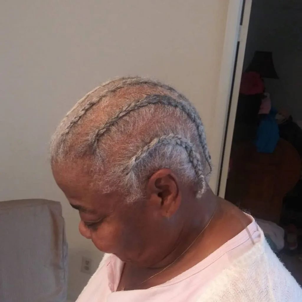 short braided gray hairstyle for black women over 70 with fine hair