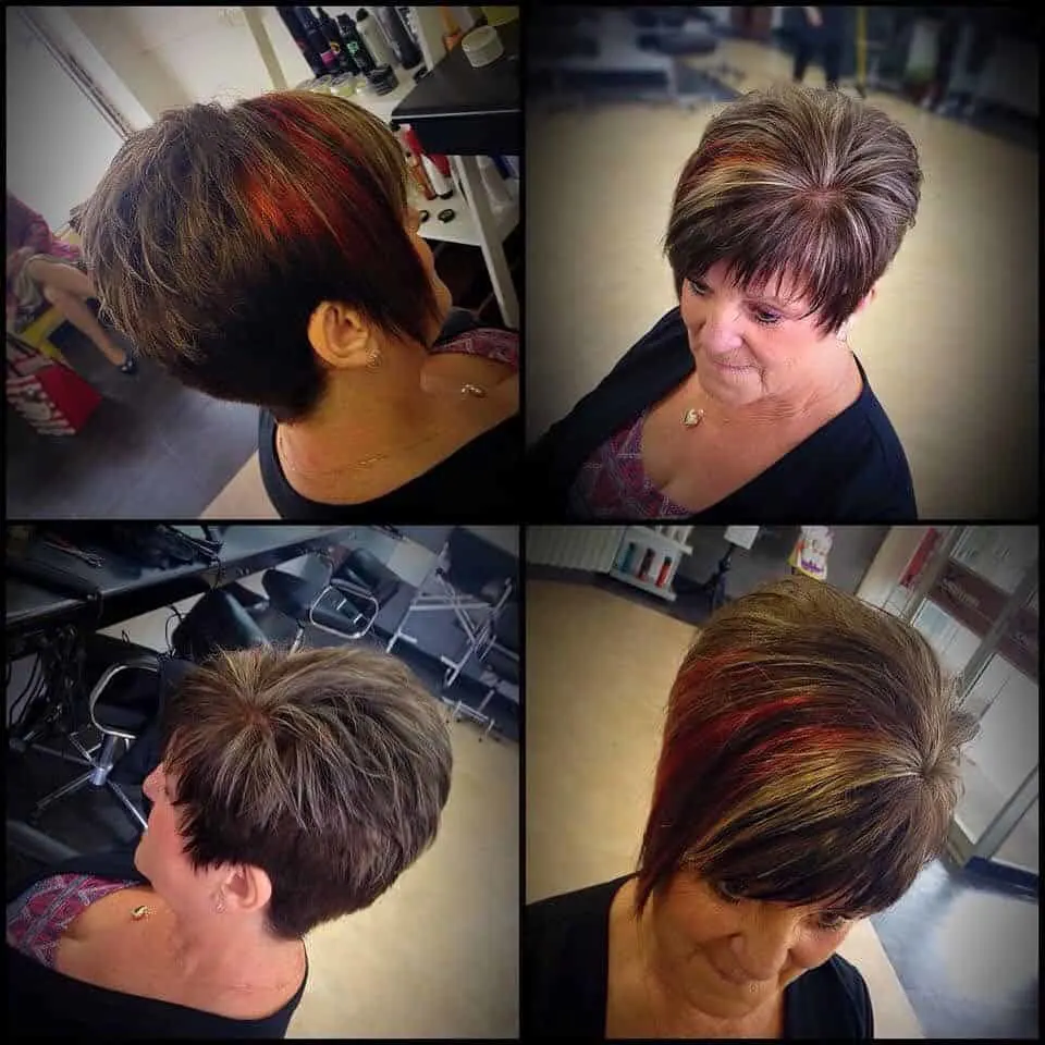 short haircut with copper and blonde highlights for women over 60