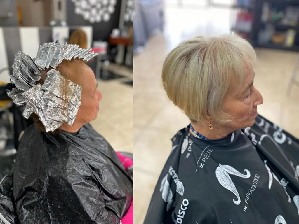 short haircut with long sideburns for women over 60