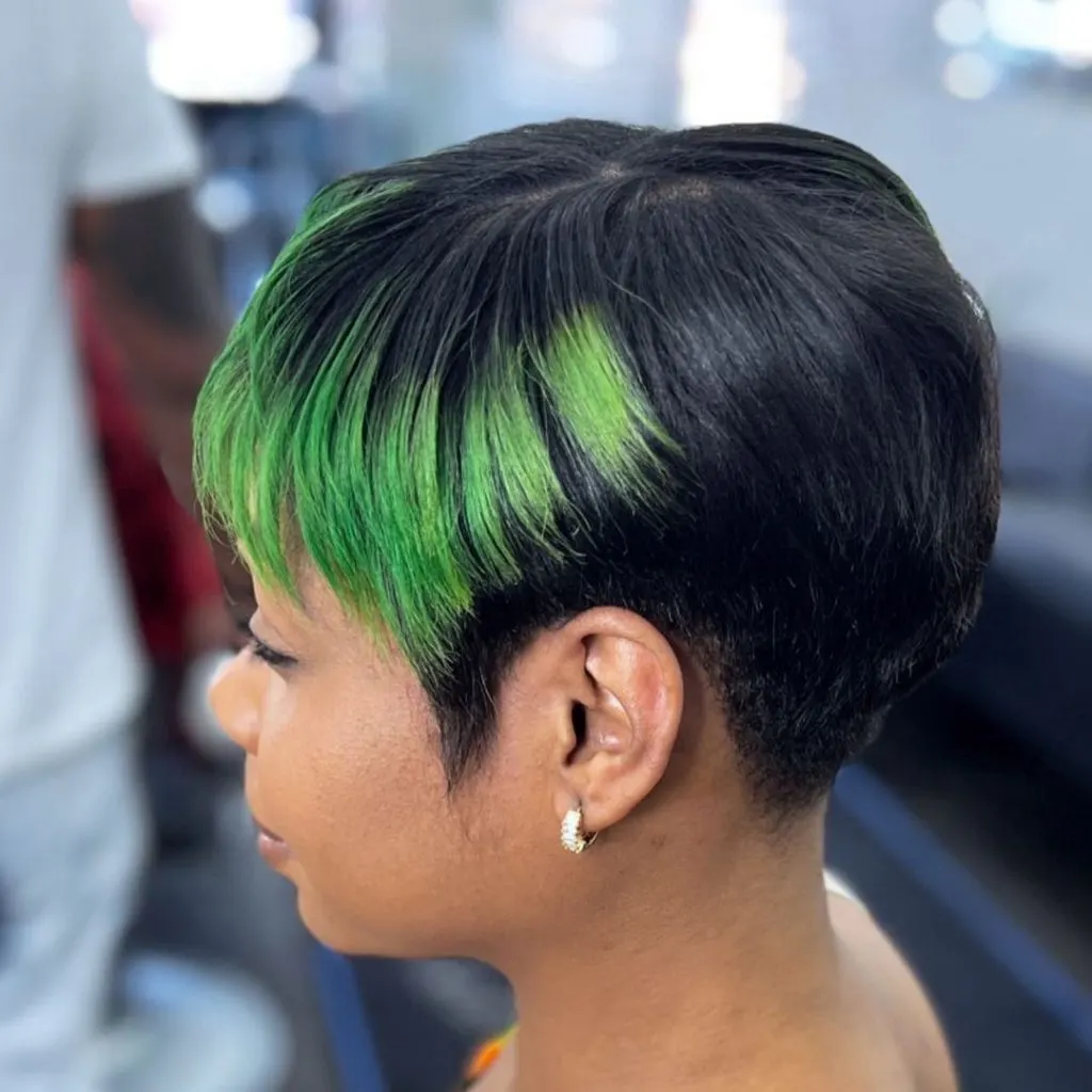 tapered pixie with pop of green