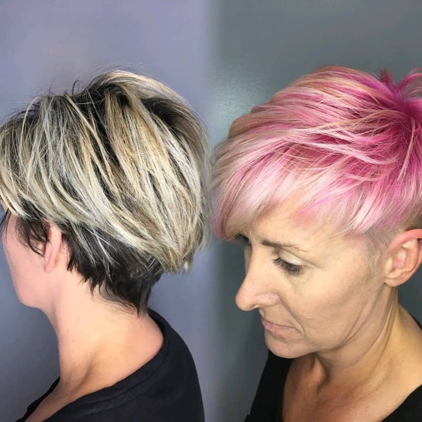 blonde short hair and pink short hair before and after