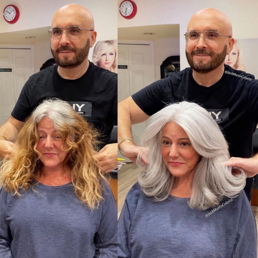 woman before and after hair coloring in gray color