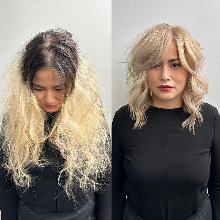 mujer antes y después del corte de pelo