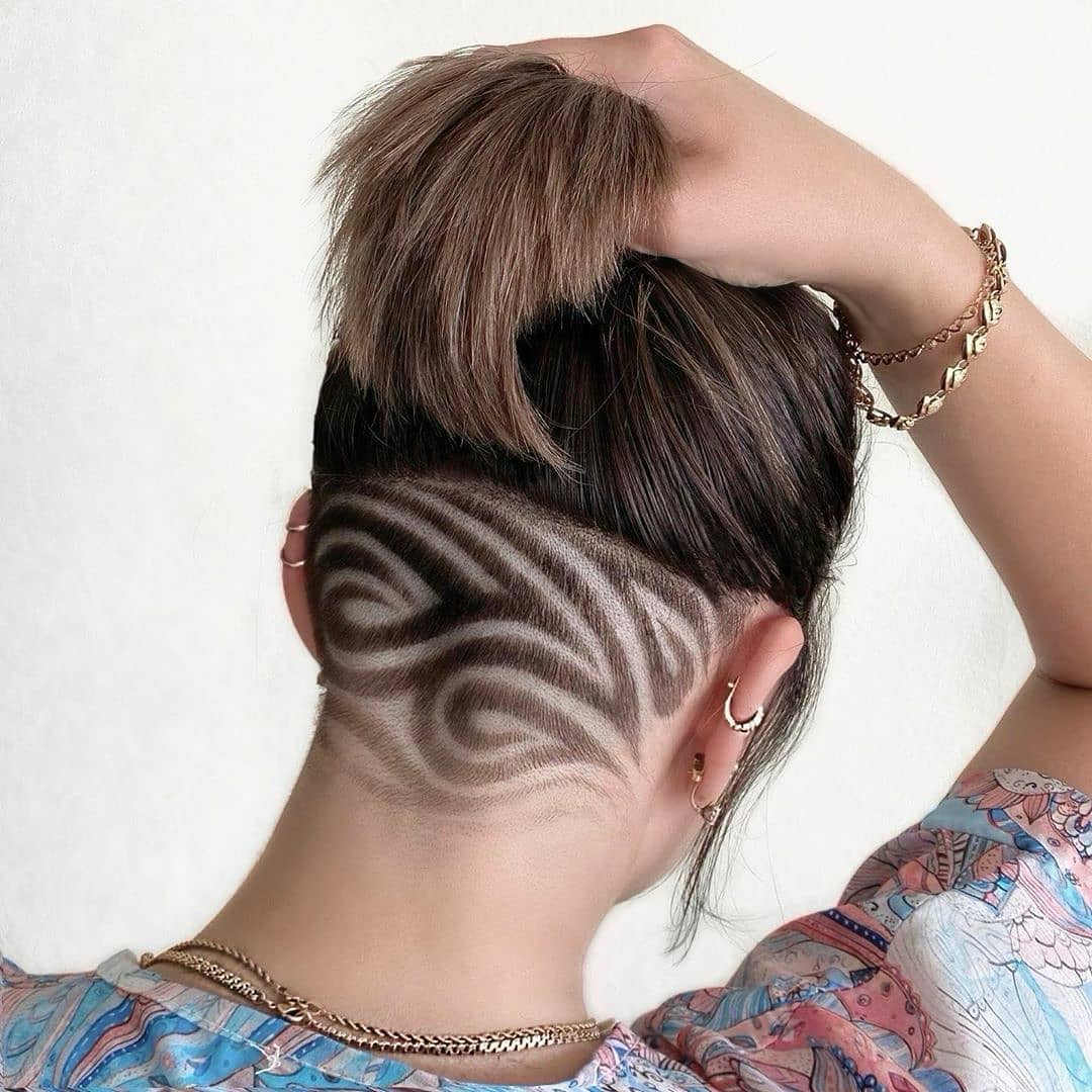 stacked bob with shaved swirls