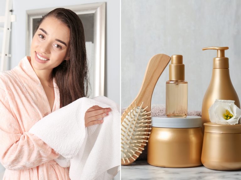 woman using towel to dry her hair