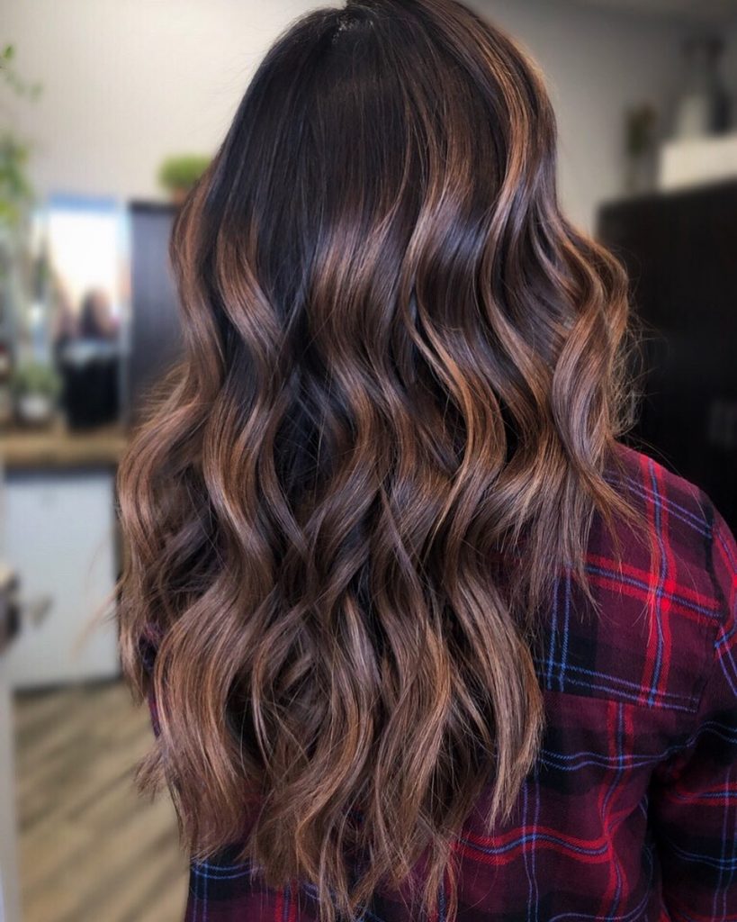 dark chocolate hair with caramel highlights