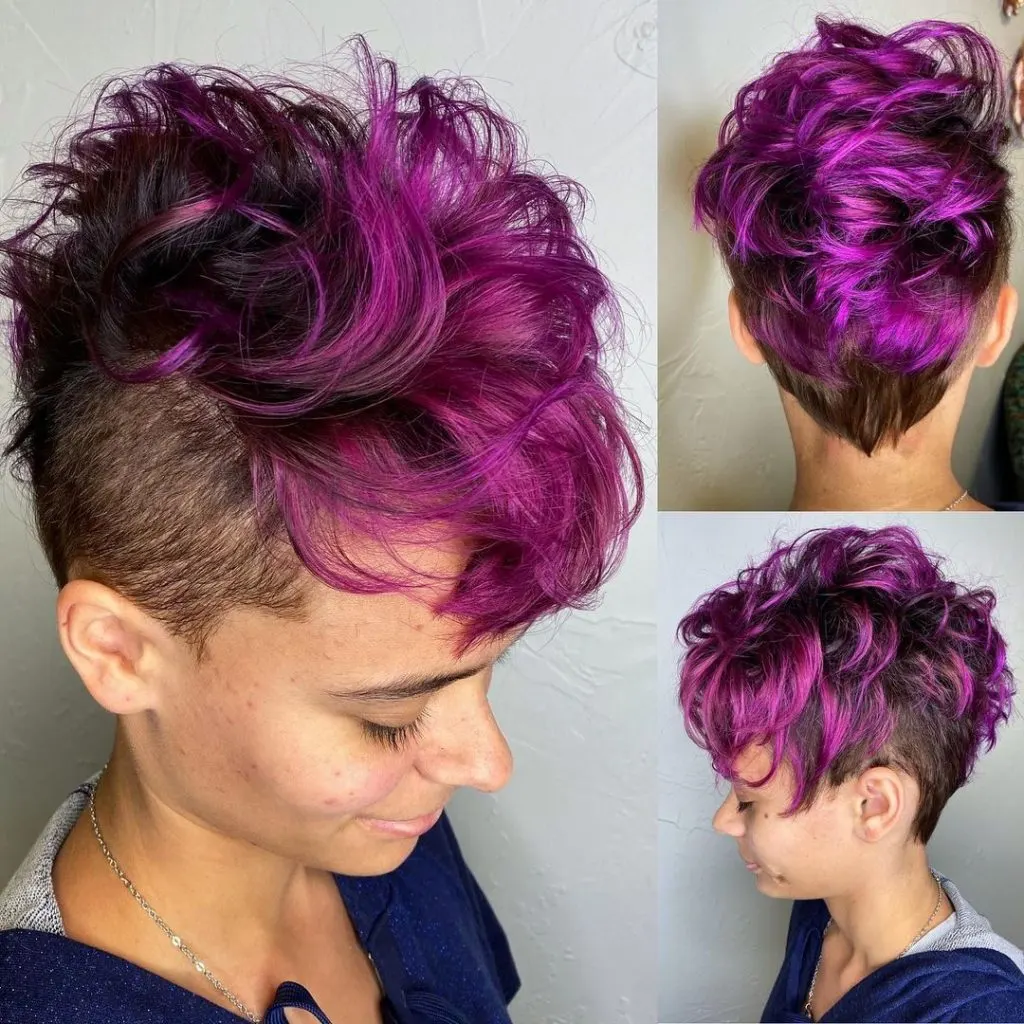 purple curly pixie cut with shaved sides