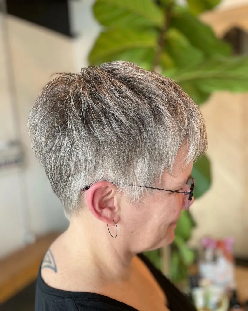 very short gray pixie haircut