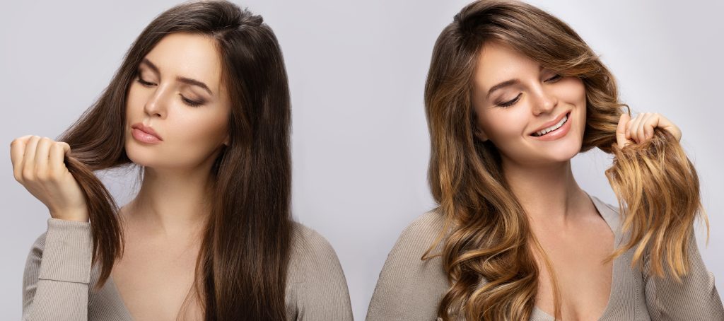 mulher antes e depois da coloração do cabelo