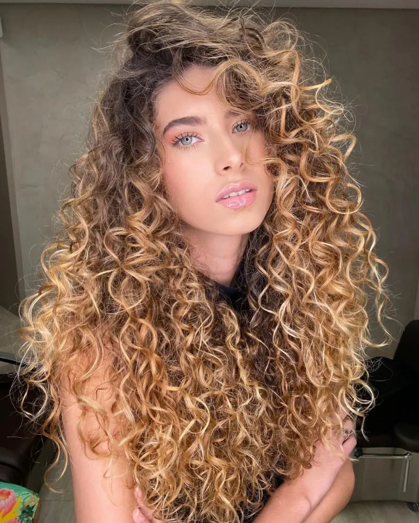 curly hair with caramel blonde highlights