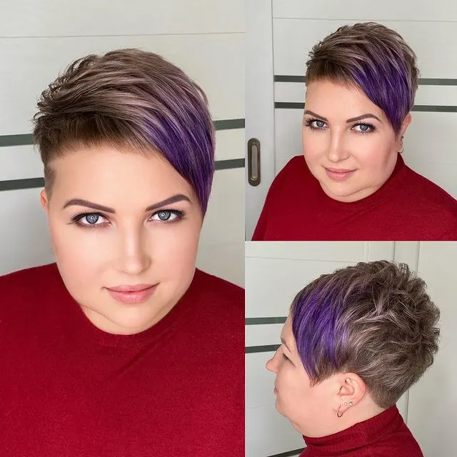 ash blonde cut with purple bangs