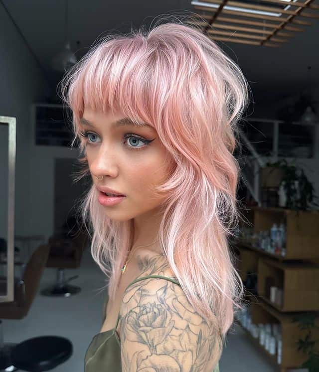 bangs on pastel pink hair for round face