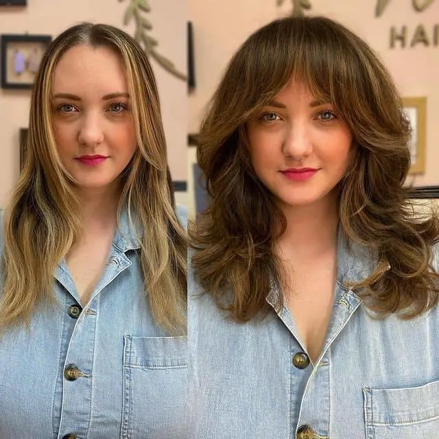 bronde layered shaggy cut with bangs