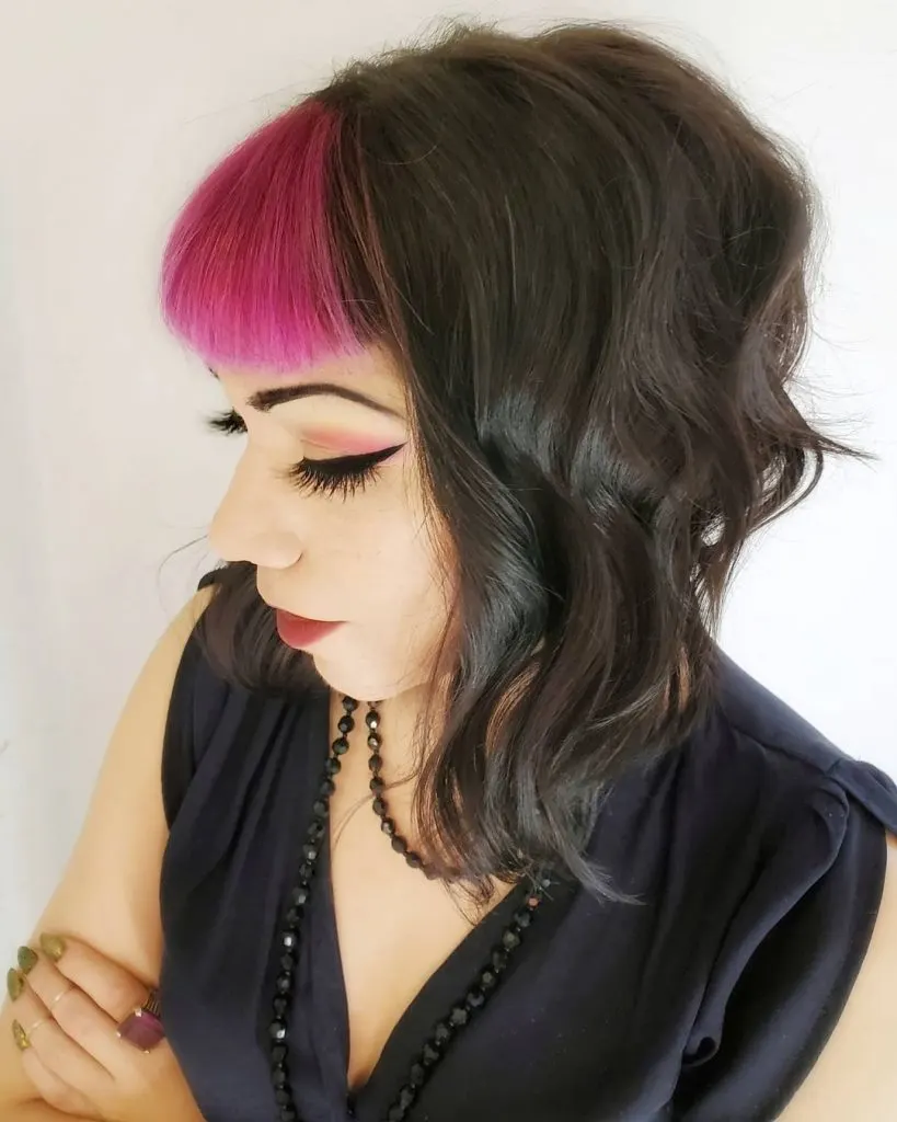 pink bangs on dark layered hair