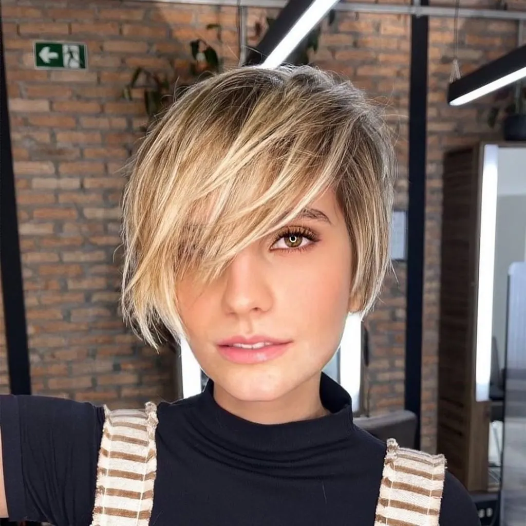 short haircut with side-swept bangs