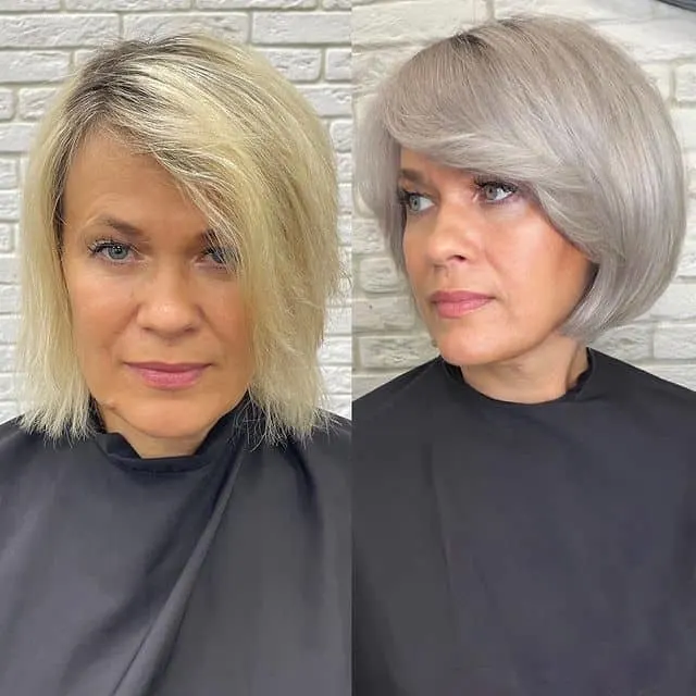 volumized gray short haircut with side bangs for round face