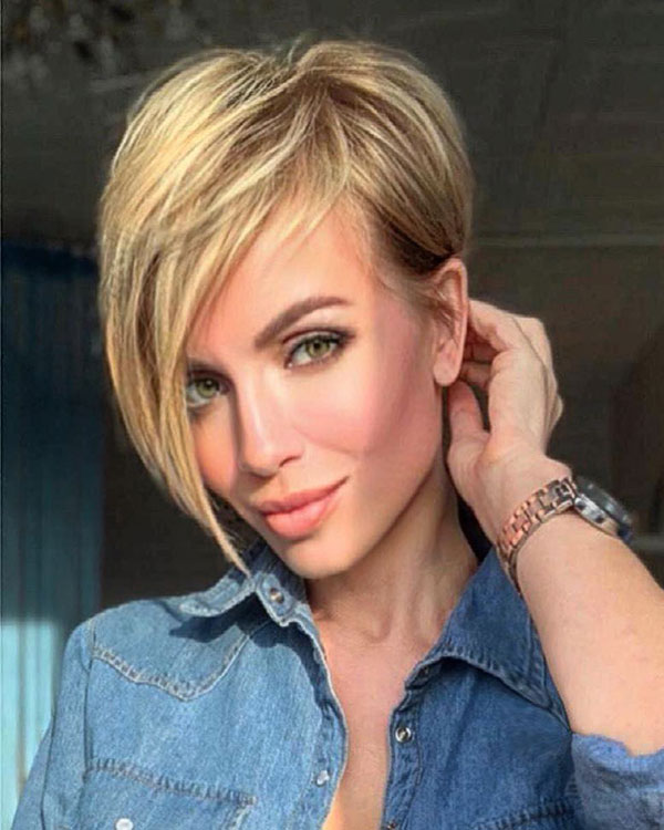 blonde pixie cut with long bangs for women over 40