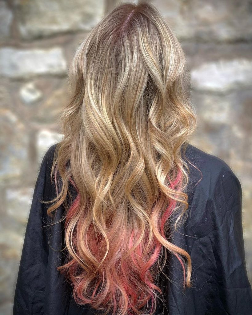 honey blonde hair with pop of pastel pink