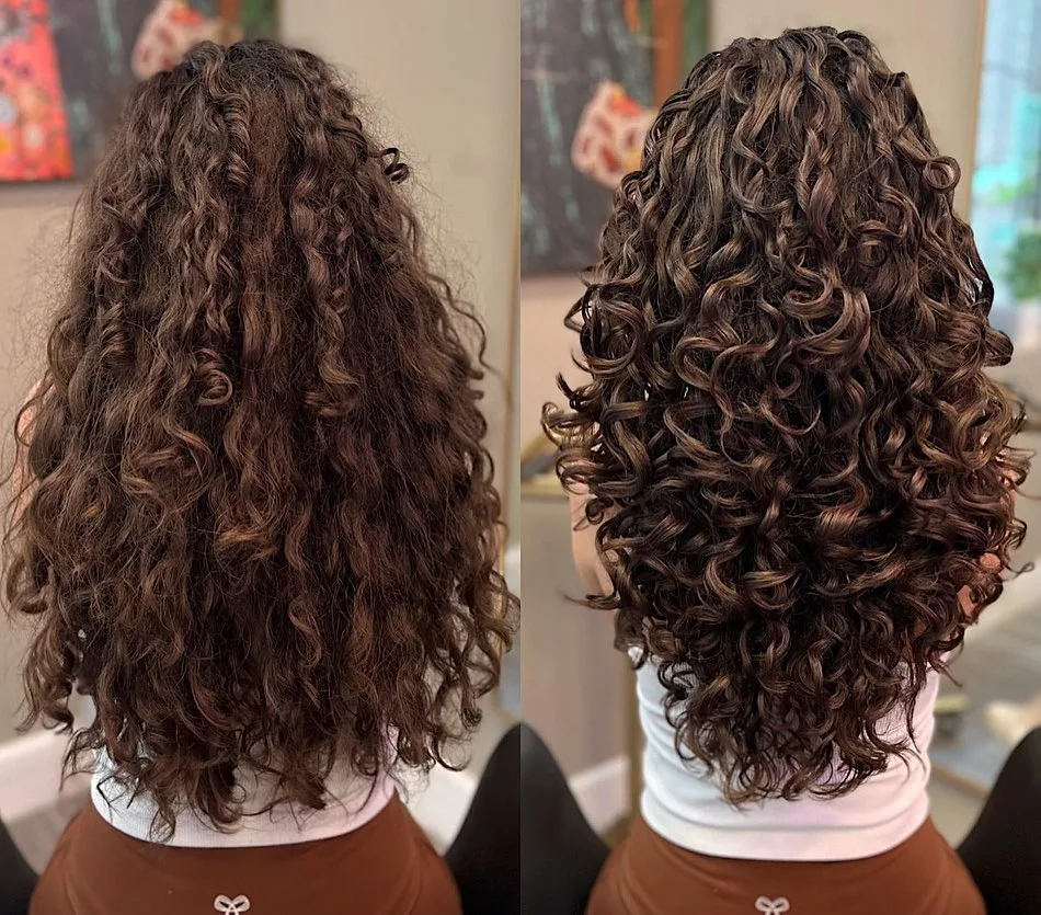 U shaped long curly hairstyle before and after 