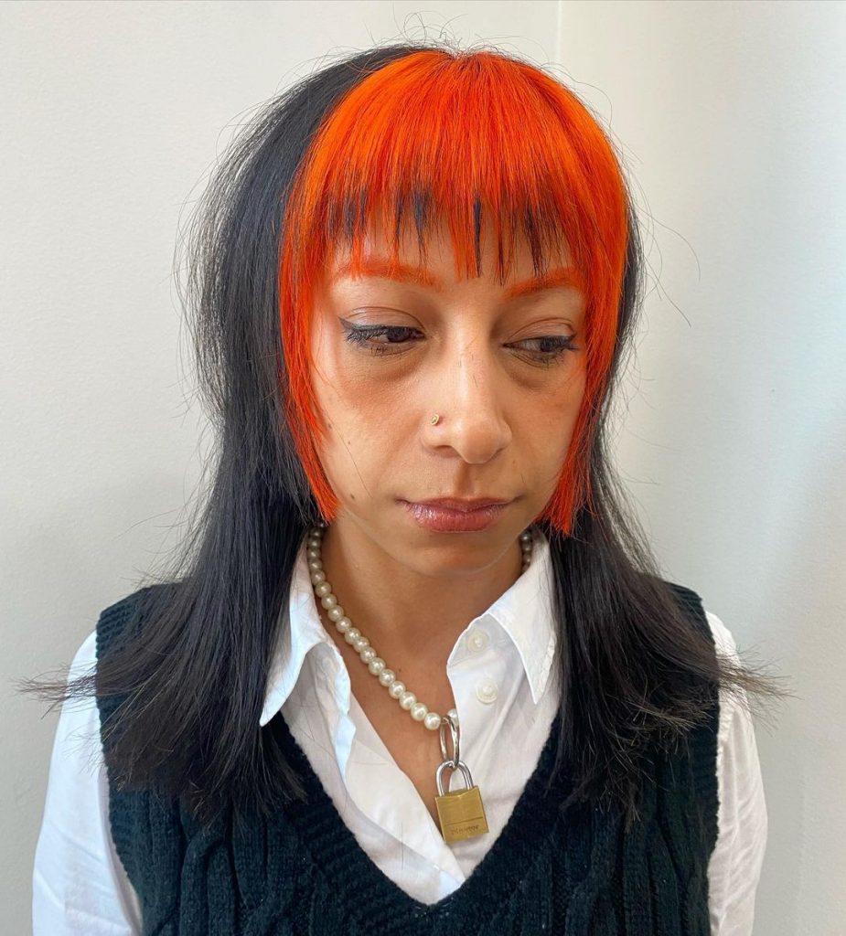 bright red bangs on black hime cut
