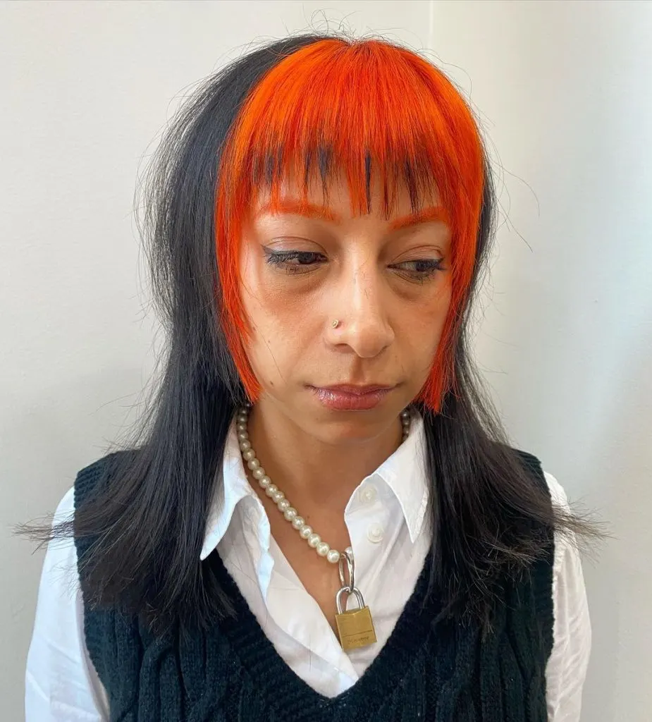bright red bangs on black hime cut