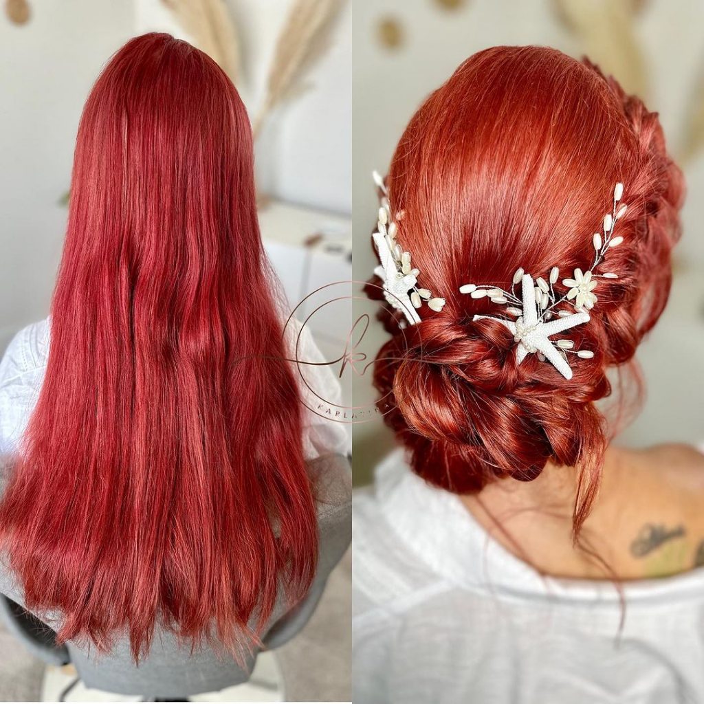 cheveux de mariée rouge vif