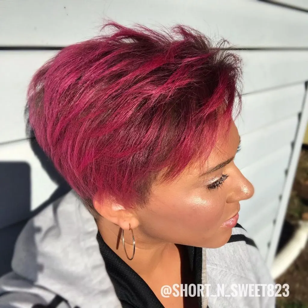 bright red pinkish pixie cut