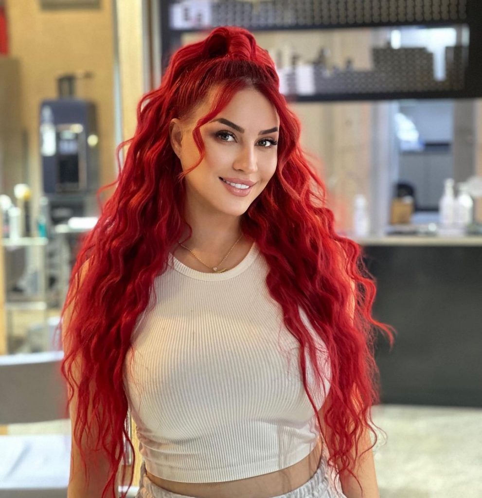bright red ponytail