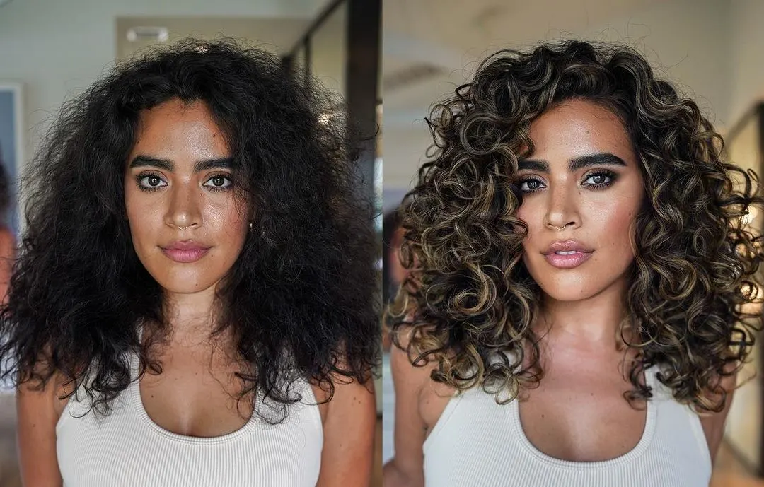 bronde balayage for medium length curly hair before and after