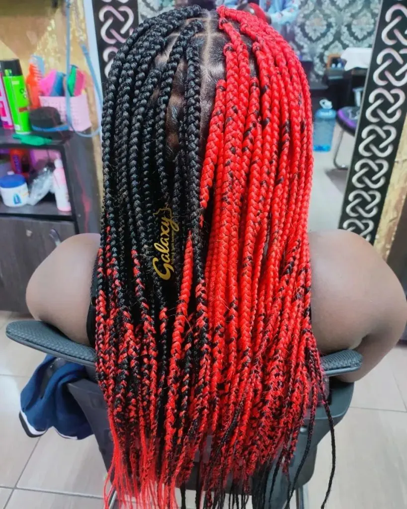 half black half red box braids