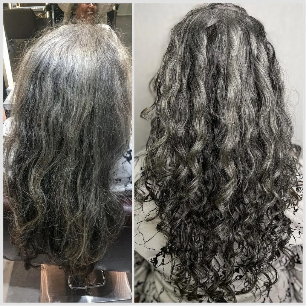 long black curls with grey and silver tones