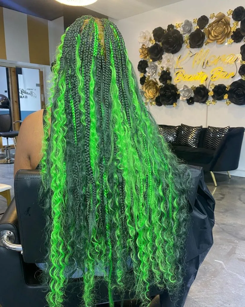 long curly hair with olive and neon green hair braids