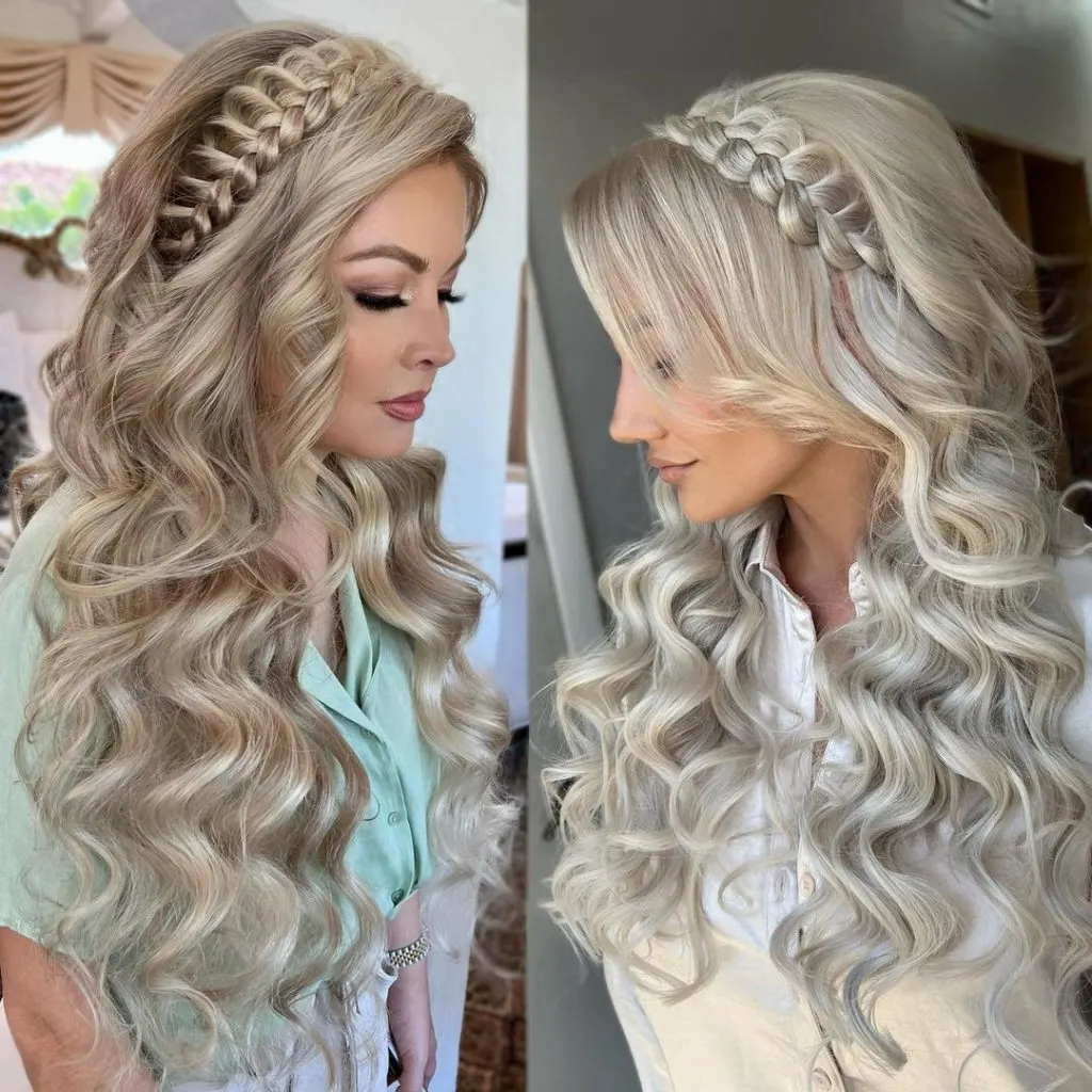 long platinum blonde waves with a lace braid