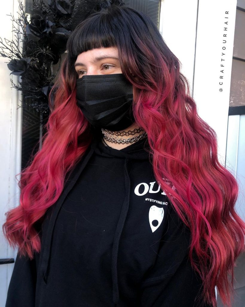 magenta hair with black roots and bangs