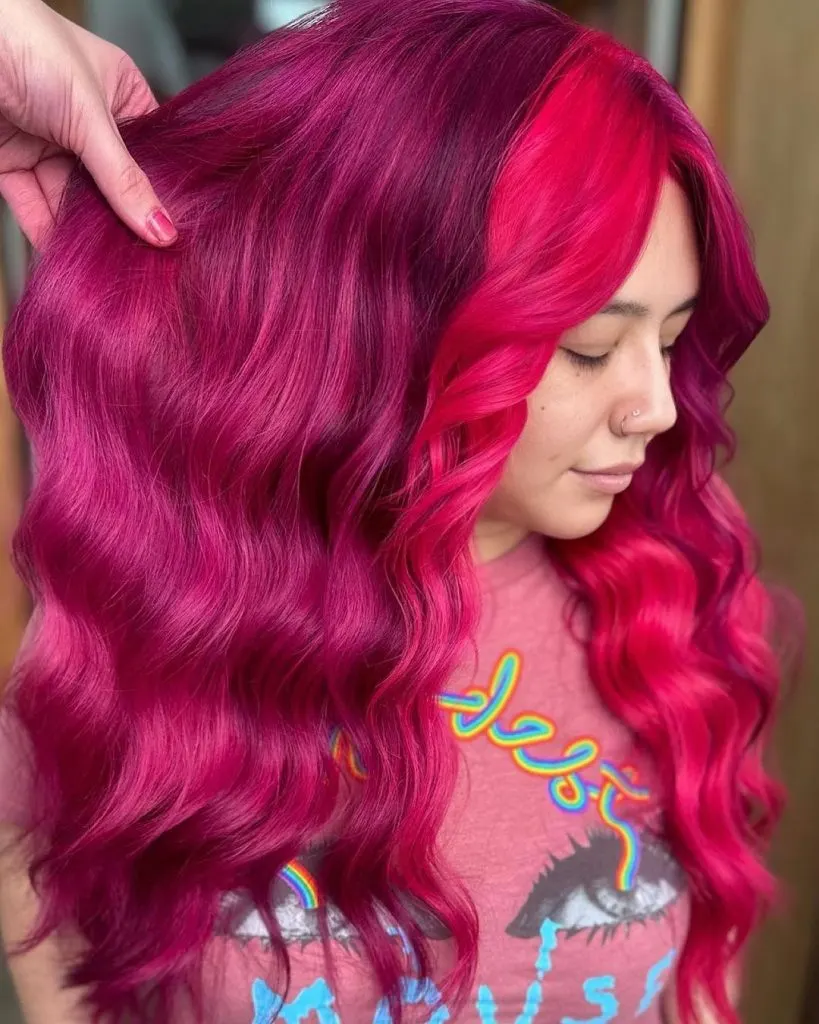 magenta hair with bright pink money piece
