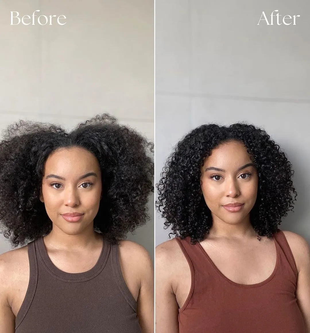 medium length middle parted spirals hairstyle before and after