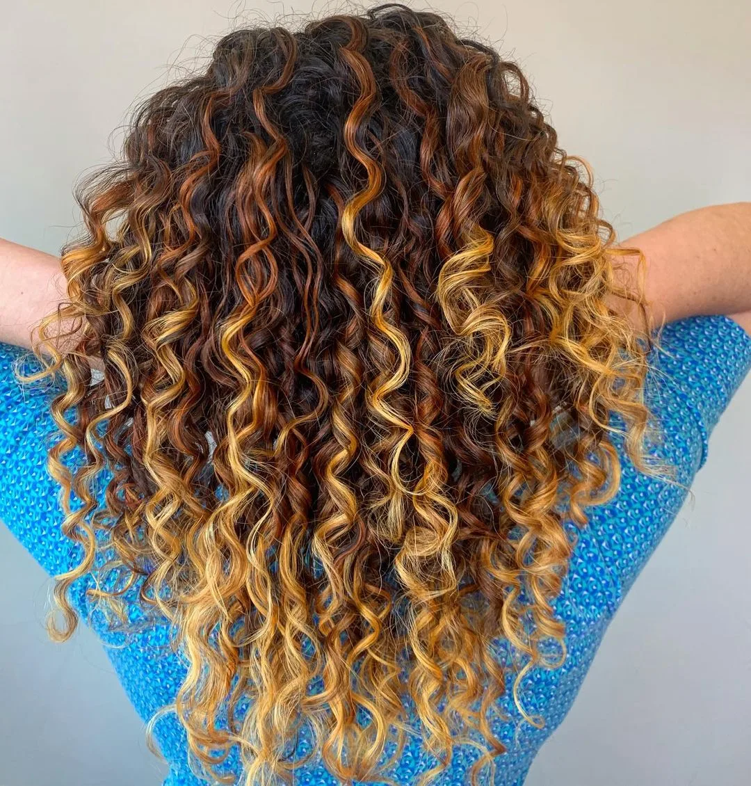 medium length vibrant copper curls with lighter ends shown from behind