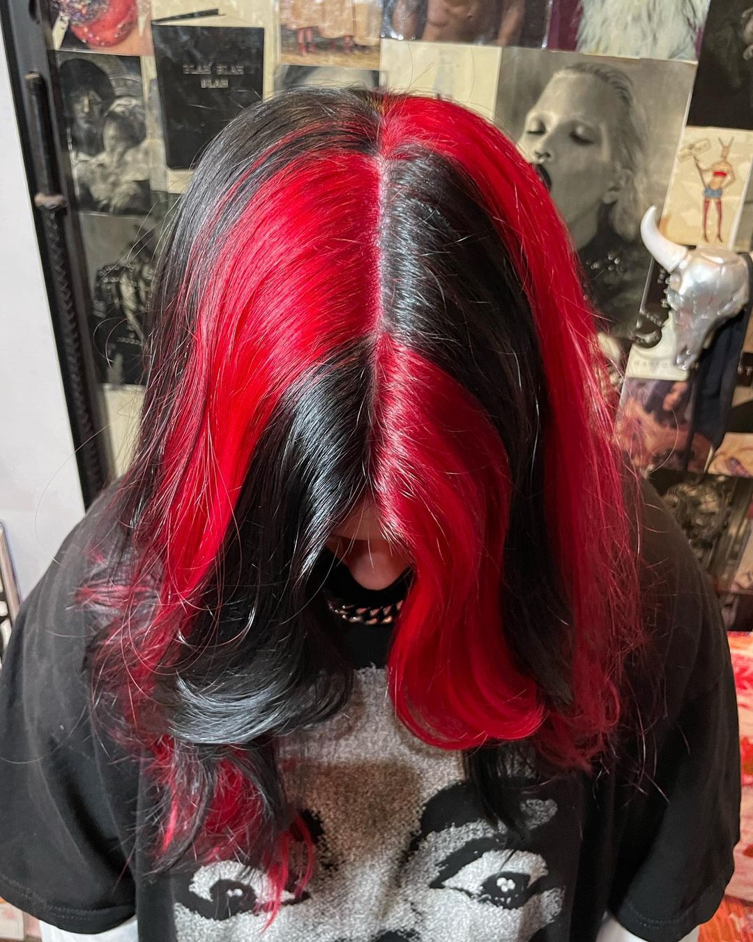 des mèches de cheveux rouges et noires