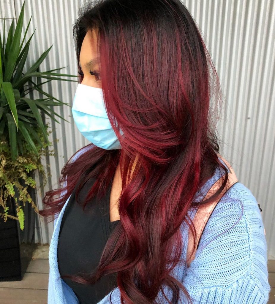 red balayage on butterfly cut
