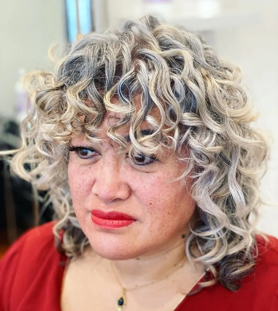 silver curly hair with fringes