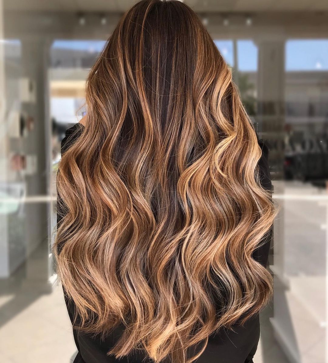 brown hair with golden balayage