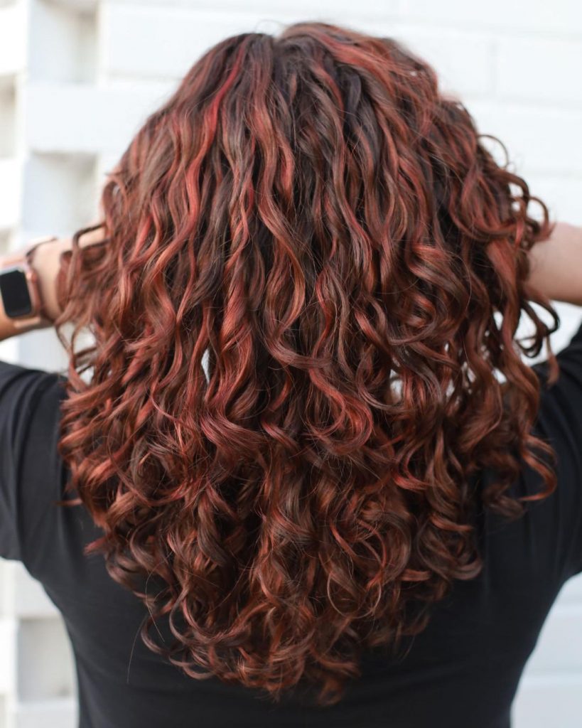 brown curly hair with raspberry highlights