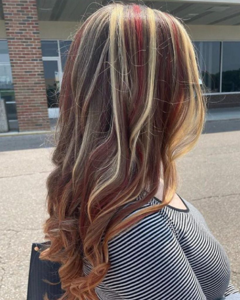 brown hair with blonde and red highlights