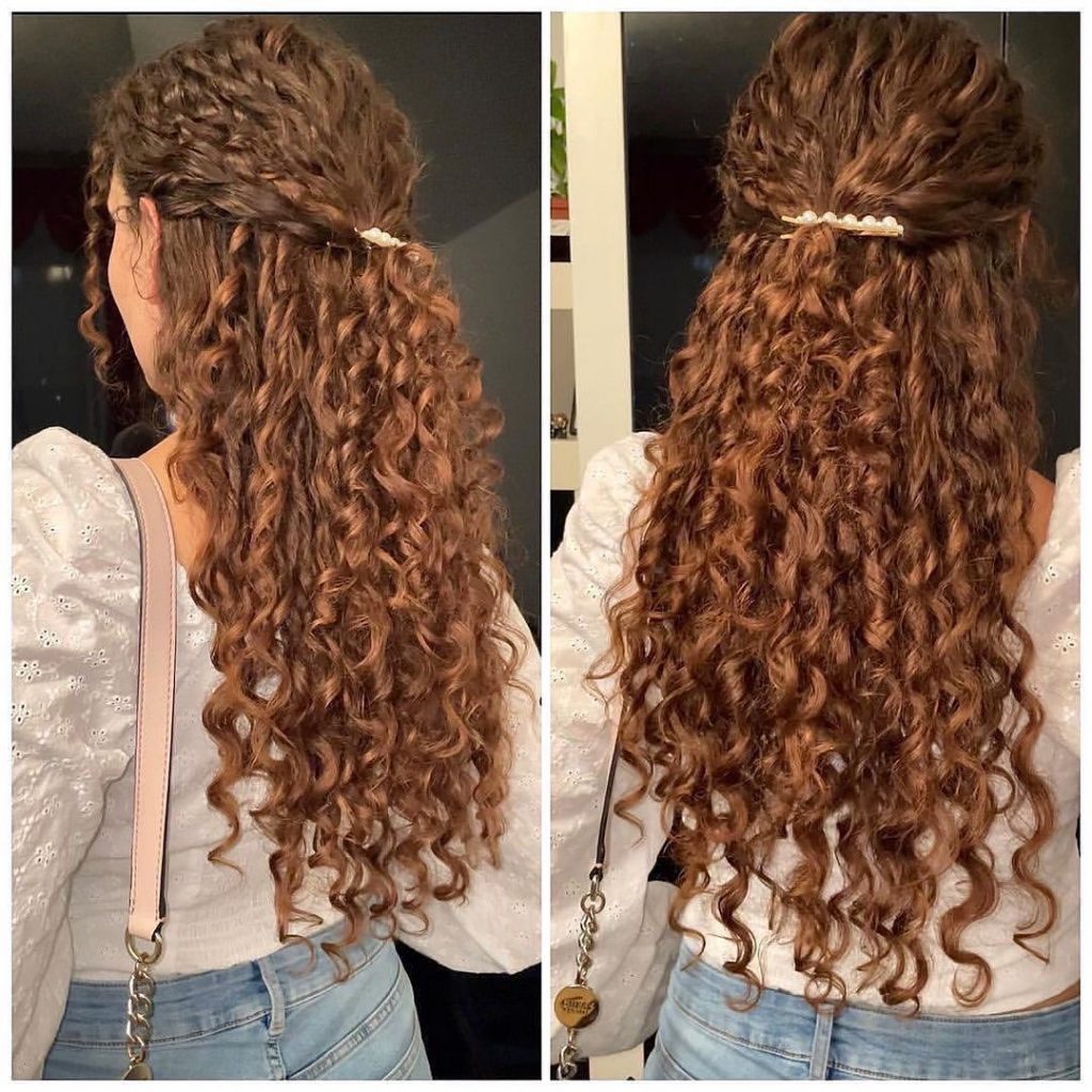 long curly hairstyle with a hair pin